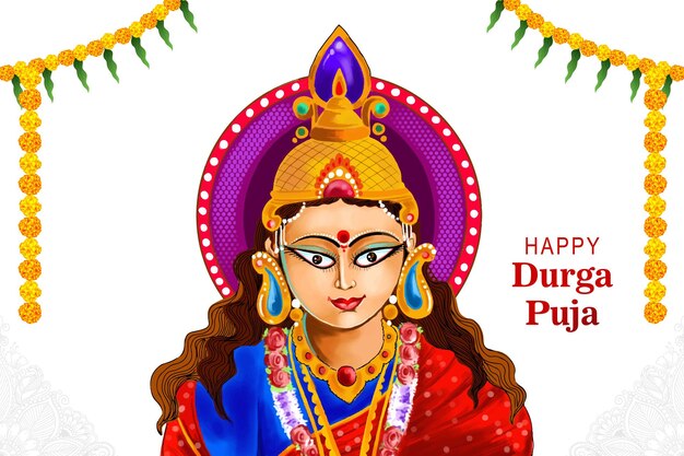 Cara de la diosa durga en el fondo de la tarjeta feliz durga puja