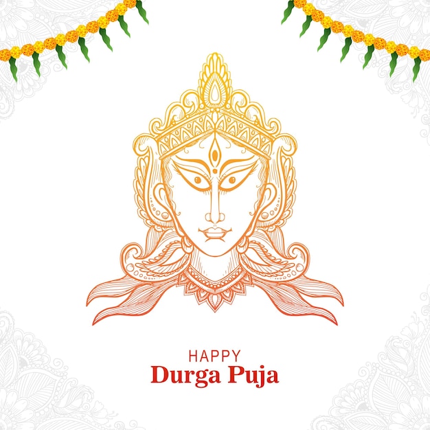 Vector gratuito cara de la diosa durga en el fondo de la tarjeta feliz durga puja