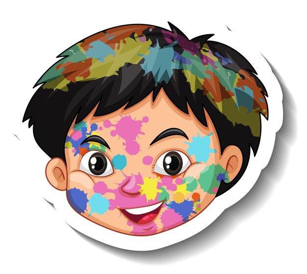Cara de niño feliz con color en la etiqueta de su cara sobre fondo blanco.