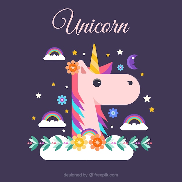 Vector gratuito cara de unicornio y arcoíris en diseño plano