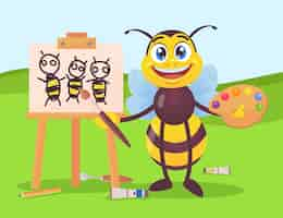 Vector gratuito carácter de abeja feliz dibujando abejas en lienzo exterior. insecto negro y amarillo con pincel y paleta con diferentes colores, ilustración de dibujos animados de caballete de madera