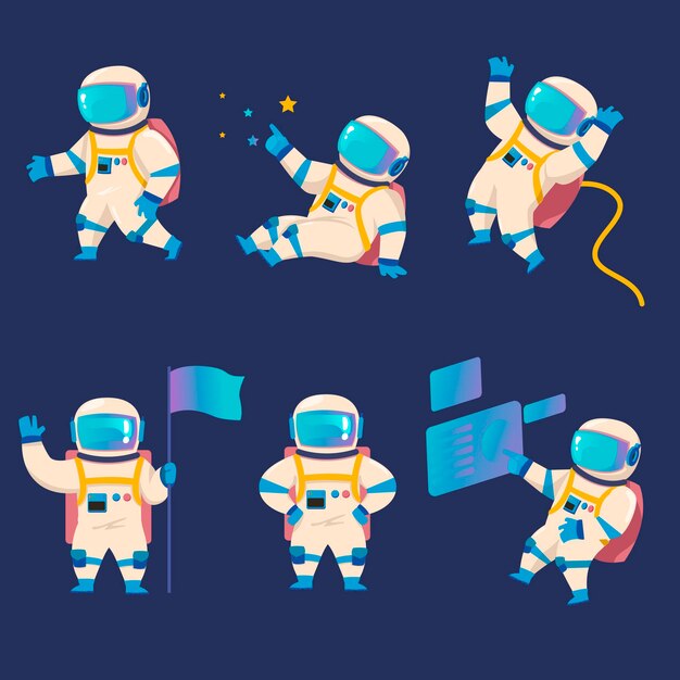 Carácter de astronauta explorando el espacio exterior. Ilustraciones vectoriales de astronauta en poses de movimiento. Cosmonauta de dibujos animados en traje espacial y casco sosteniendo la bandera, volando. Misión en galaxia, concepto de aventura.