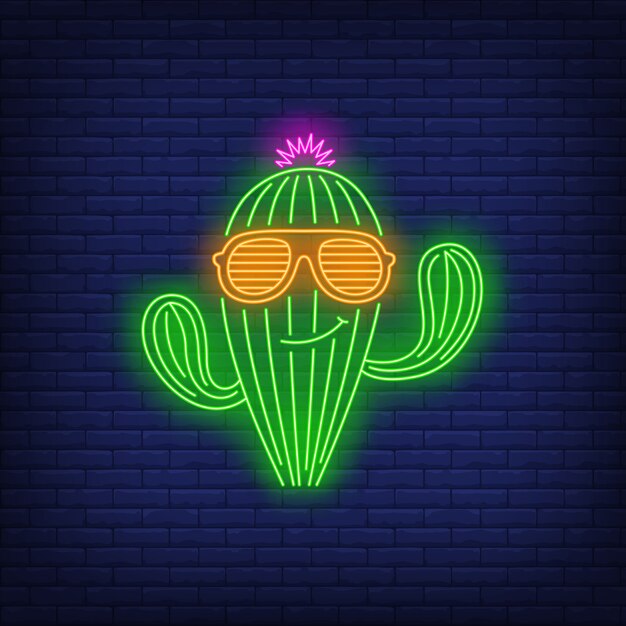 Carácter de cactus sonriente con gafas de sol neón signo