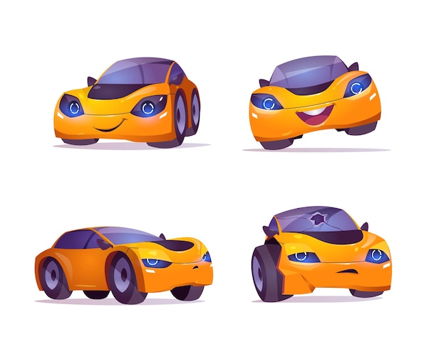 Vector gratuito carácter de coche de dibujos animados expresa emociones felices y tristes