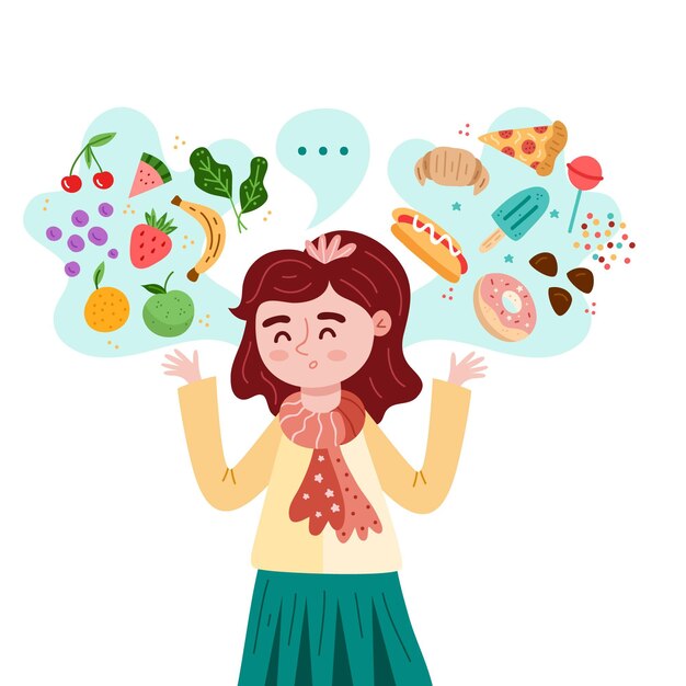 Carácter eligiendo entre alimentos saludables y no saludables