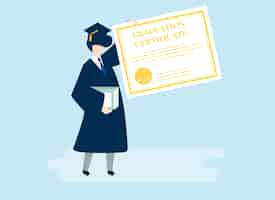 Vector gratuito carácter de un graduado sosteniendo una ilustración de certificado de graduación