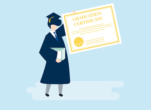 Carácter de un graduado sosteniendo una ilustración de certificado de graduación