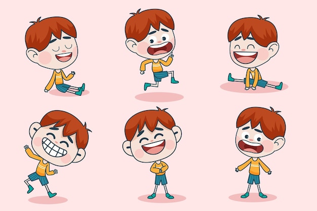 Vector gratuito carácter de joven inteligente con diferentes poses de expresión facial y mano.