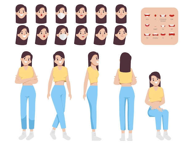 Vector gratuito carácter de joven linda mujer animada, gente de creación con emociones cara boca de animación. diseño vectorial plano.