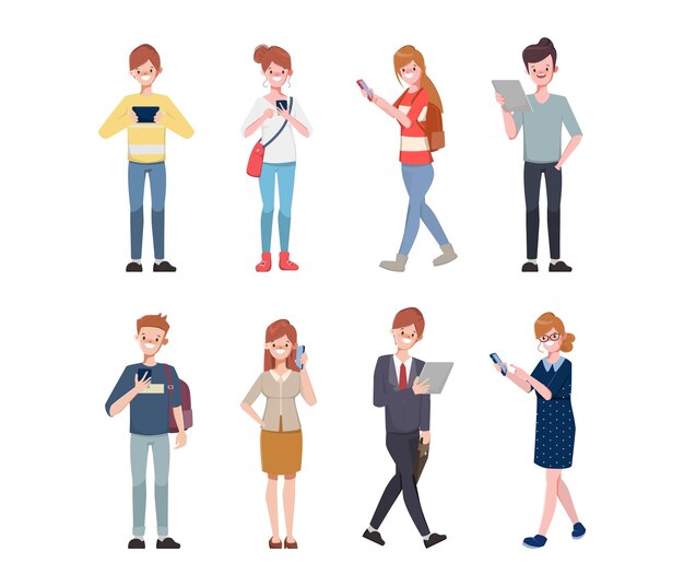 Carácter de oficina de trabajo en equipo de personas de negocios Comunicación en redes sociales con gadget