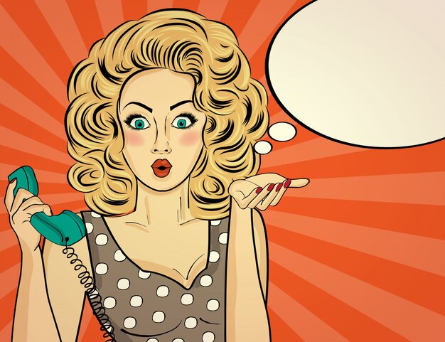 Carácter pop art de mujer sorprendida  hablando por telefono vintage