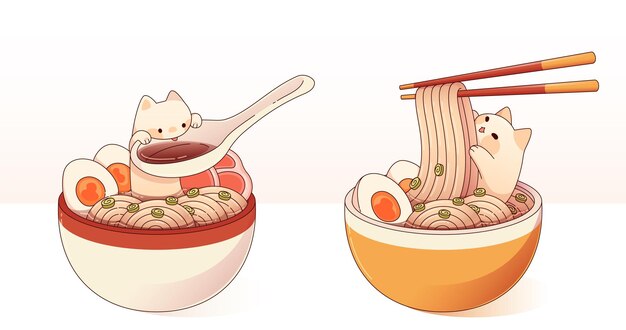 Caracteres de gatitos lindos con elementos de ramen