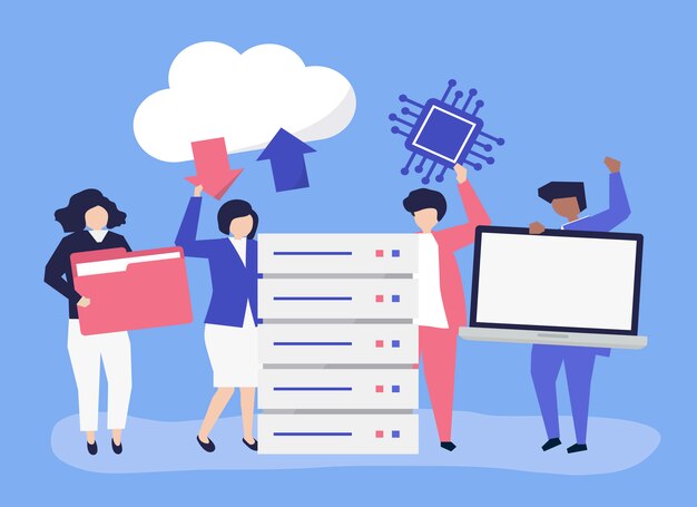 Caracteres de personas con ilustración de iconos de almacenamiento de datos