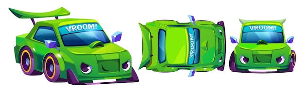 Características del coche de carreras vistas delanteras y laterales
