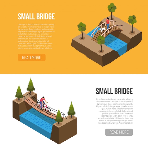 Vector gratuito características históricas de pequeños puentes, plantilla de pancartas horizontales isométricas con diferentes construcciones de madera ilustración vectorial