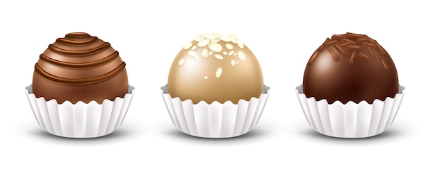 Caramelos de chocolate realistas en 3D con diferentes ingredientes, aislados sobre fondo blanco. Dulces de chocolate negro, con leche y blanco, praliné o trufa con envoltorio de papel corrugado blanco.