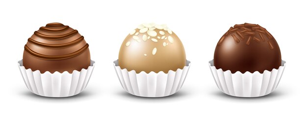 Caramelos de chocolate realistas en 3D con diferentes ingredientes, aislados sobre fondo blanco. Dulces de chocolate negro, con leche y blanco, praliné o trufa con envoltorio de papel corrugado blanco.