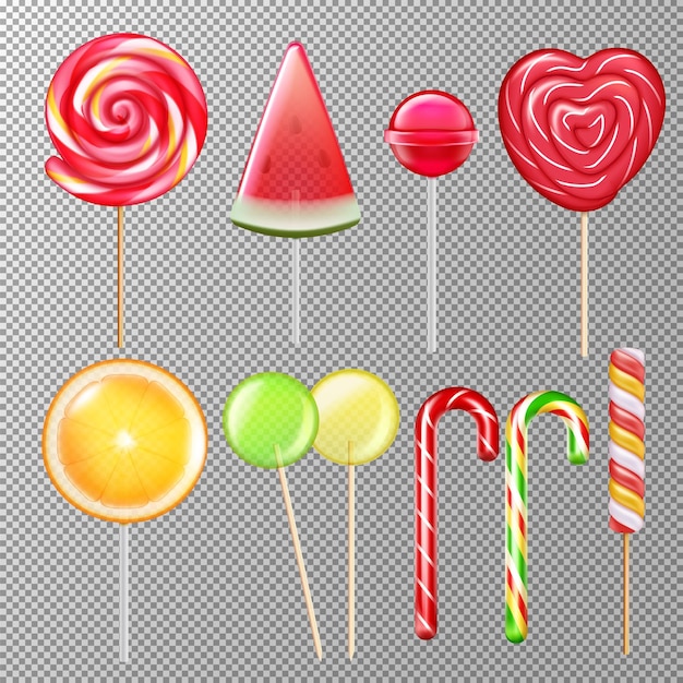 Caramelos piruletas varios gustos formas sabores conjunto realista con rayas remolino corazón bastón bola transparente ilustración vectorial