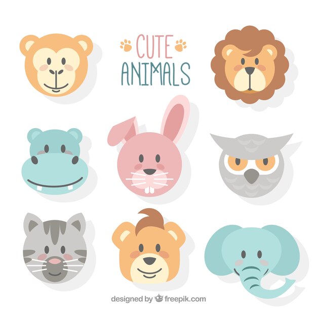 Caras de animales bonitos con diseño plano