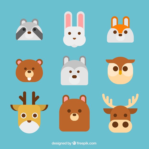 Caras divertidas de animales con diseño plano