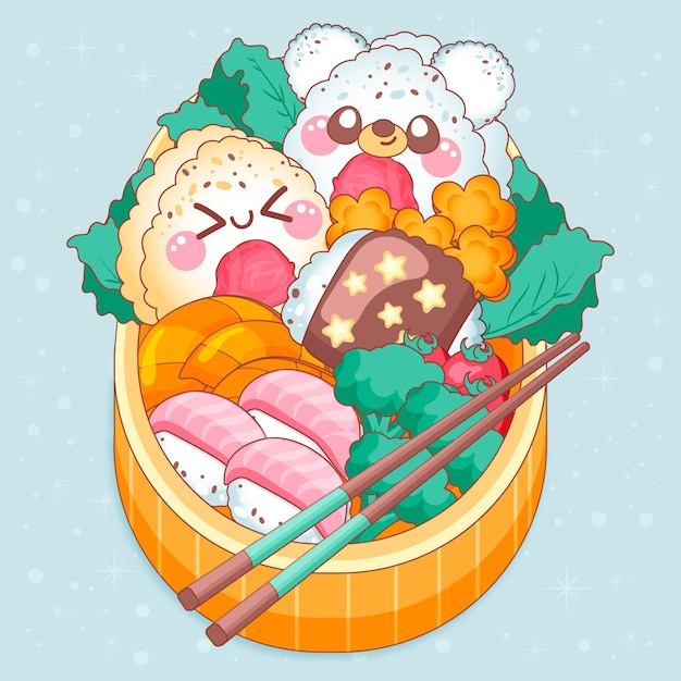 Caras kawaii en lonchera japonesa bento