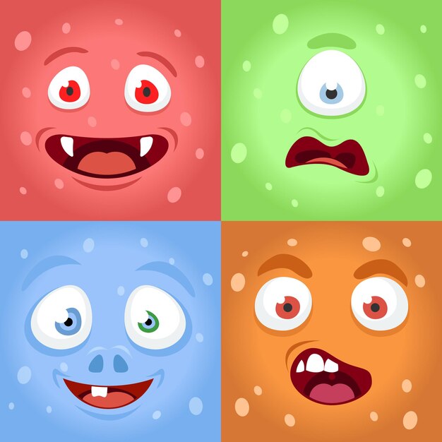 Caras de monstruos de dibujos animados. Conjunto de ilustraciones de personajes de caras de expresiones de monstruos