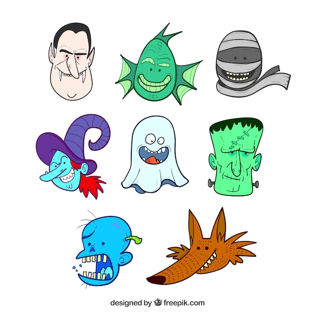 Vector gratuito caras de personajes típicos de halloween