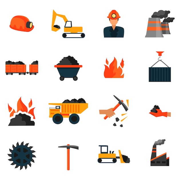 Vector gratuito carbón industria de la minería de iconos conjunto aislado ilustración vectorial