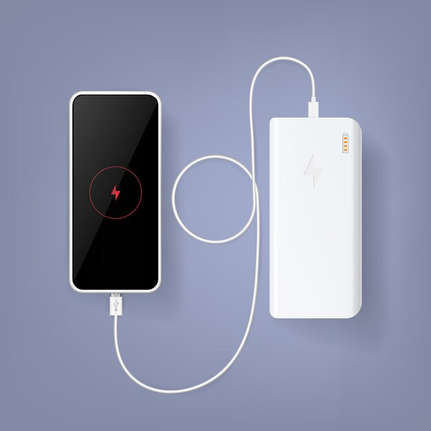 Carga de teléfono inteligente con banco de energía en la ilustración de vector de composición realista de vista superior de fondo de color
