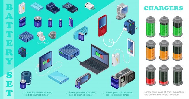 Cargadores isométricos para dispositivos modernos con enchufes de banco de energía, reproductor de audio portátil, cámara móvil, cargadores portátiles, baterías con diferentes indicadores de carga