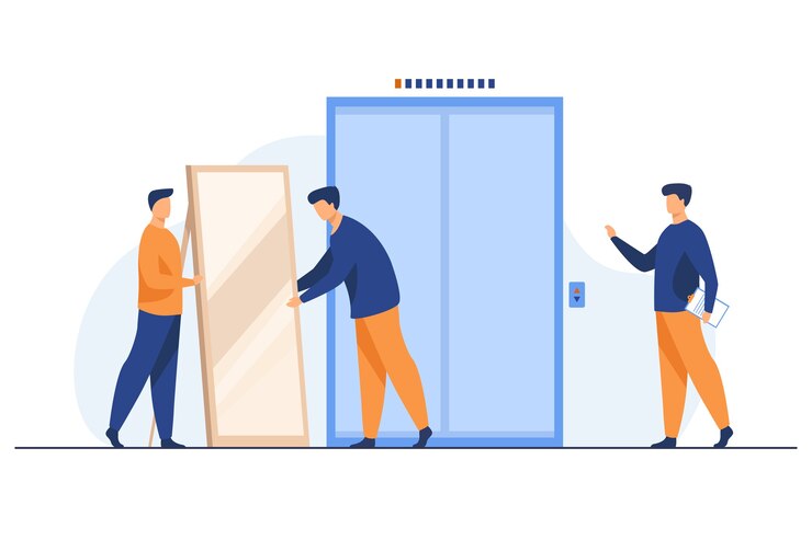 Vector gratuito cargadores masculinos que llevan un espejo grande al ascensor. hombres con muebles en la ilustración de vector plano de pasillo de edificio. mudarse a nuevo apartamento, entrega
