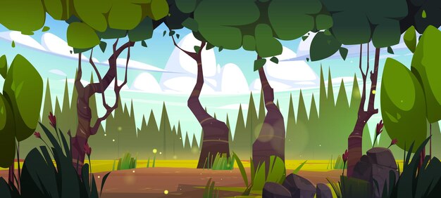 Caricatura bosque árbol suelo paisaje de fondo naturaleza verde paisaje para el entorno mágico de cuento de hadas Bosques de verano panorama con camino de tierra o prado Aventura ilustrada al aire libre jardín místico