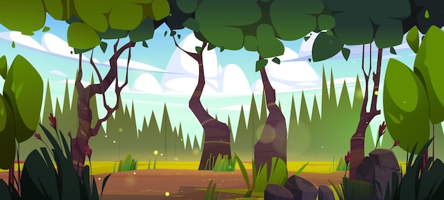 Caricatura bosque árbol suelo paisaje de fondo naturaleza verde paisaje para el entorno mágico de cuento de hadas Bosques de verano panorama con camino de tierra o prado Aventura ilustrada al aire libre jardín místico