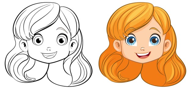 Caricatura de chica alegre con cabeza sonriente y contorno de doodle