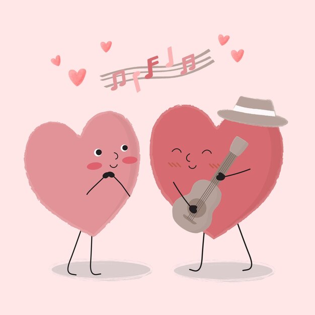 La caricatura del corazón tocando la guitarra y cantando para una pareja, caricatura aislada Lindas parejas románticas enamoradas, concepto de San Valentín, ilustración