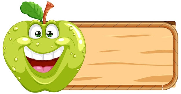 Vector gratuito la caricatura de la manzana feliz en un estandarte de madera