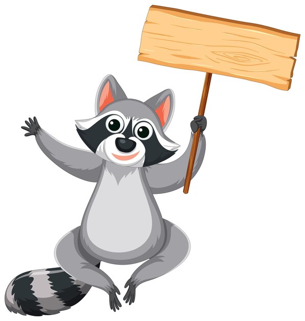 Caricatura de un mapache alegre sosteniendo una bandera de madera