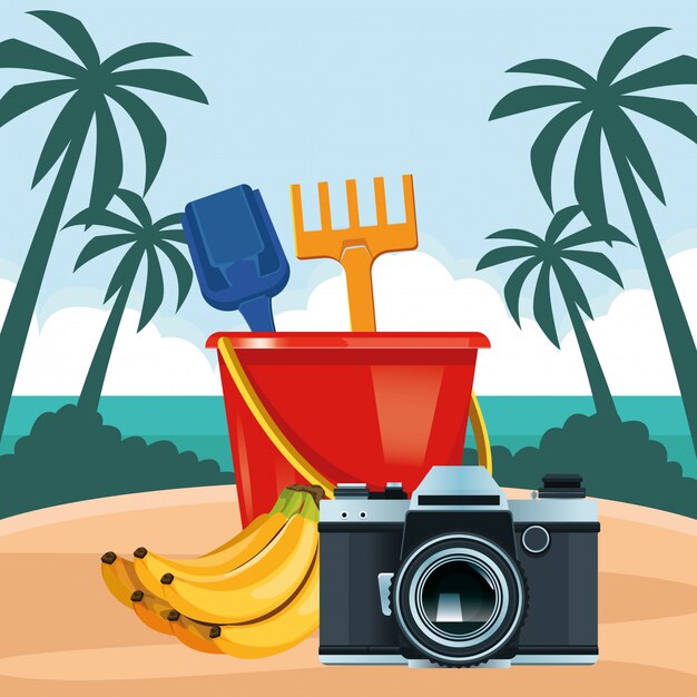 Caricatura de playa de verano y vacaciones