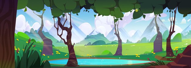 Caricatura, primavera, montaña, valle, lago, rodeado, por, árboles, vector, ilustración, de, verano, prado, paisaje, pasto verde, y, flores, en, colinas, azul, agua, charco, en, bosque, esponjoso, nubes, en, soleado, cielo