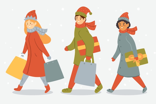 Vector gratuito caricatura con ropa de invierno y bolsas de regalo