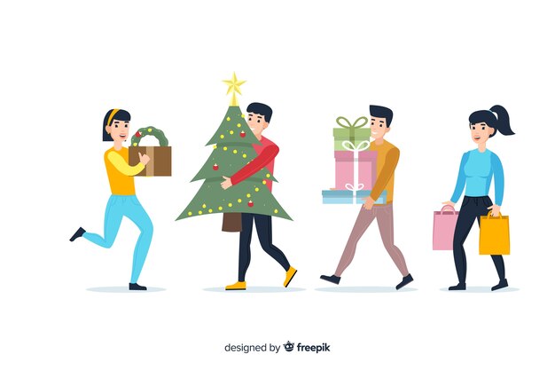 Caricatura vistiendo ropa de invierno y comprando regalos