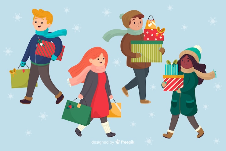 Vector gratuito caricatura vistiendo ropa de invierno y llevando regalos