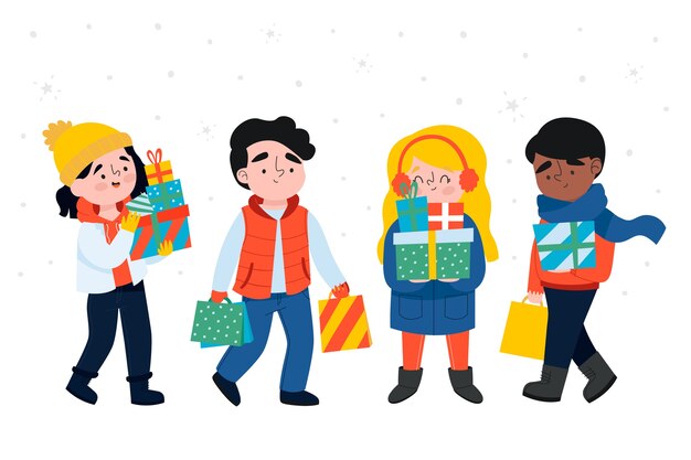 Caricatura vistiendo ropa de invierno y sosteniendo cajas de regalo
