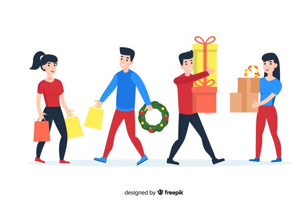 Caricatura vistiendo ropa de invierno y sosteniendo regalos y coronas