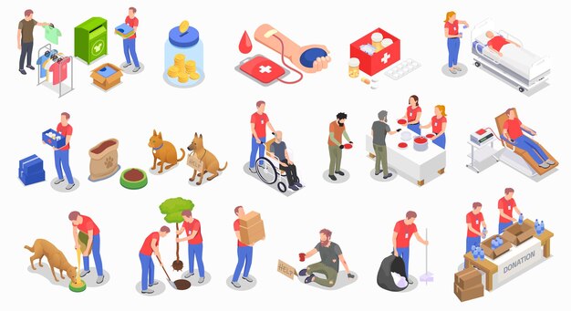 Caridad con símbolos de donación y voluntariado isométrico ilustración vectorial aislada
