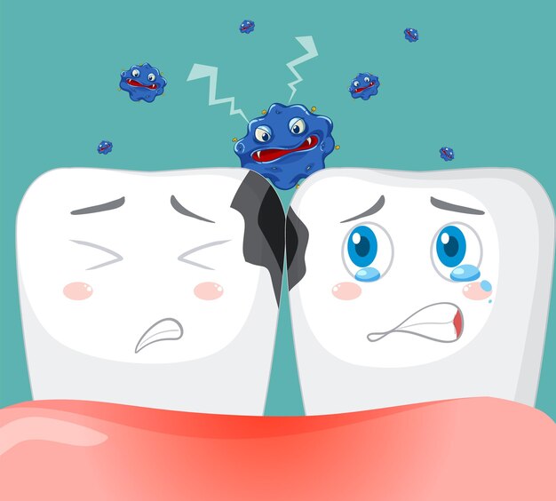 Caries de dibujos animados con bacterias sobre fondo azul.