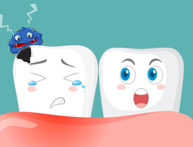 Caries de dibujos animados con bacterias sobre fondo azul.