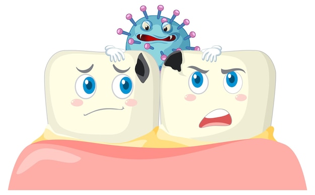 Caries de dibujos animados con bacterias sobre fondo blanco