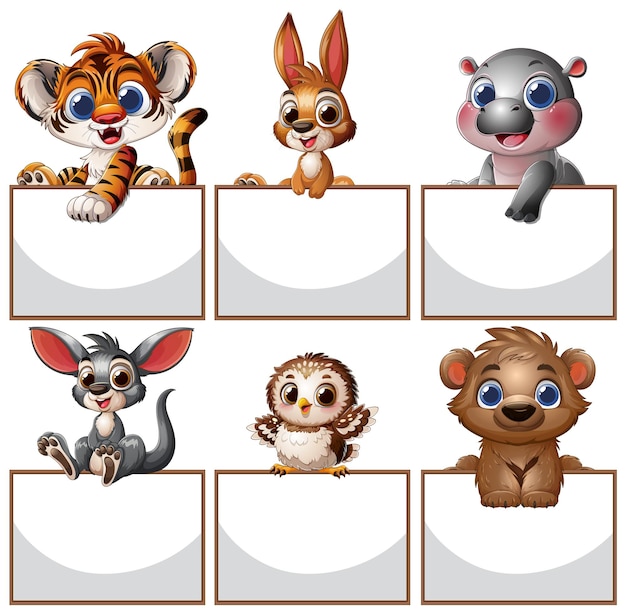 Cariñosos personajes animales con signos en blanco