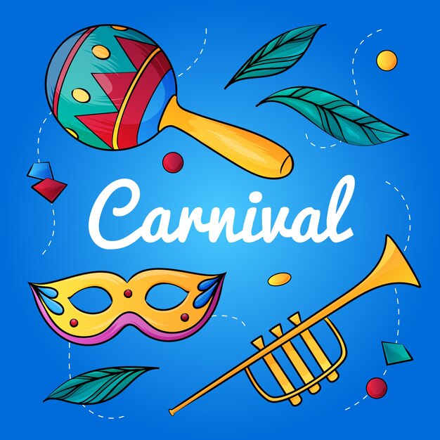 Carnaval brasileño dibujado a mano con maracas y trompeta